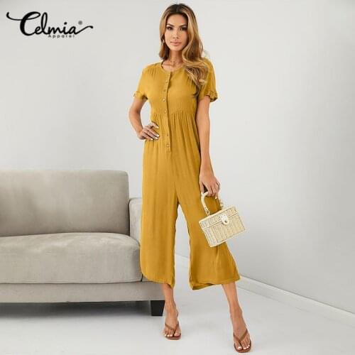 Celmia 2021 Summer Vintage Women Short Sleeve Jumpsuit Casual Solid Buttons Playsuits Loose Wide Leg Pants Plus Size Overalls