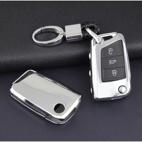 Flip Car Key Cover Fob Case Chain Ring Keychain For Volkswagen Golf 7 Polo Tiguan Skoda Octavia Kodiaq Karoq Silver