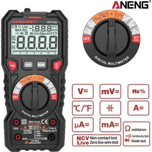 HT118 Professional High Precise 6000 Counts 1000V AC DC Digital Multimeter Ohm Hz NCV Live C/F Duty Multimetro Voltage Meter