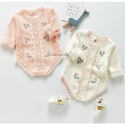 3M-3TBaby Girl Romper Fashion Embroidery Knit Onesie Autumn Toddler Kid Jumpsuit Long Sleeve Floral Infant Top Cotton White Pink