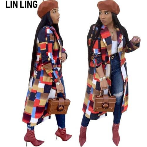 LINLING Long Fashion European and American Classic Color Diamond Plaid Print Lapel Single Breasted Tweed Coat