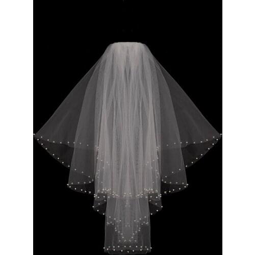 Bridal Veil Short With Comb Beaded Edge Tulle Bridal Veil Two Layer 75 CM Shoulder Length Wedding Accessories 2021