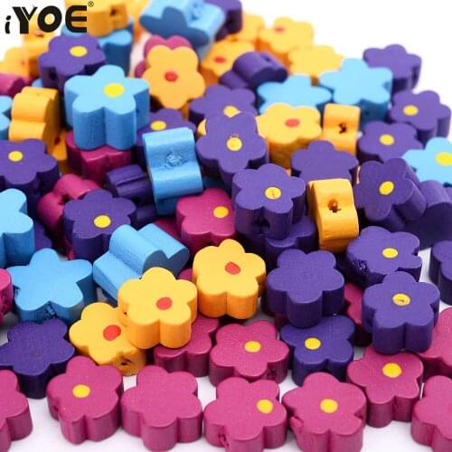 IYOE 30/50/100pcs 13mm Multicolor Natural Wood Beads Loose Spacer Flower Shape Jewelry Bead For Jewelry Making Bracelet Earring