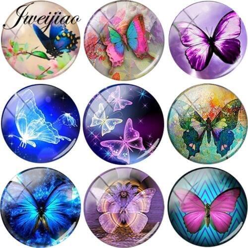 JWEIJIAO Colorful Butterfly Pattern Round 12mm/15mm/16mm/18mm/20mm Glass Cabochon DIY Jewelry For Pendant Necklace Keychain