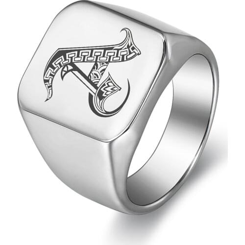 Stylish Retro Initials Signet Rings for Men Boy Heavy 316L Stainless Steel Alphabet Stamp Ring Letter Name Jewelry Gift HR439