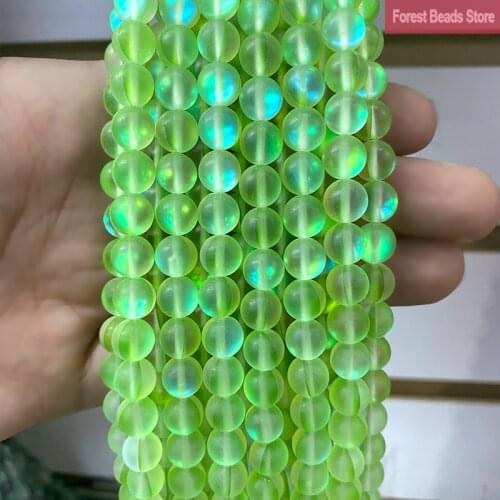 6 8 10 12MM Matte Green Austria Crystal Glitter Moon Stone Round Beads for Jewelry Making DIY Charms Bracelet Necklace 15"Strand