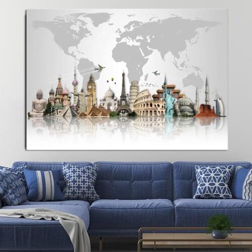 World Tourist Attraction Map Canvas Painting Famous Building Posters and Prints Wall Art Picture for Living Room Home Decoration