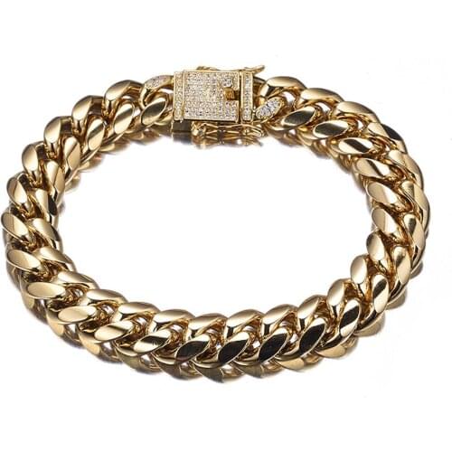 12MM New Punk Mens Gold Tone 316L Stainless Steel Curb Cuban Miami Link Chain Rhinestone Buttons Bracelet Bangle 7-11"