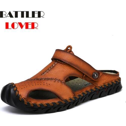 Men Casual Sandals Shoes Breathable Fashion Genuine Leather Summer Comfortable Shoes Mens Flip Flops Slipper Outdoor Large Size