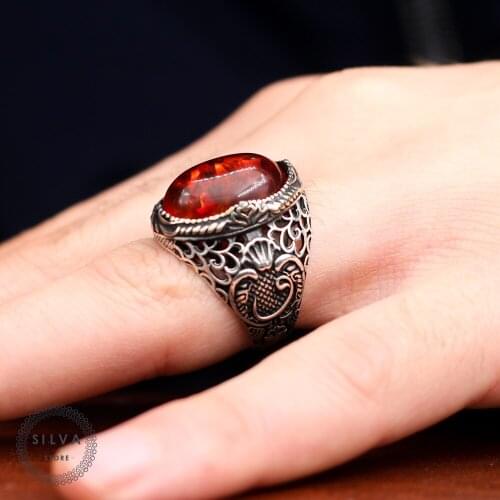 Original Sterling 925 Silver Mens ring With Dust Amber Stone . Mens Jewelry All Sizes Are Available