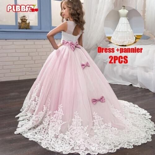 PLBBFZ Pink White First Bridesmaid Dress Girl Kids Dresses For Girls Children Pageant Party Wedding Princess Dress 3-14 Years