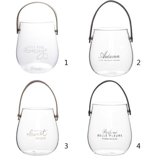 Clear Glass Vase with Leather Handle Tabletop Flower Container Flowerpot Plant Bottle Organizer Storage Jar Home Decor