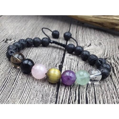 YA2707 Clear Quartz Amethys 7 Chakra 10mm Stone Beads Black 8mm Lava Beads Weaving Cord Bracelet adjustable