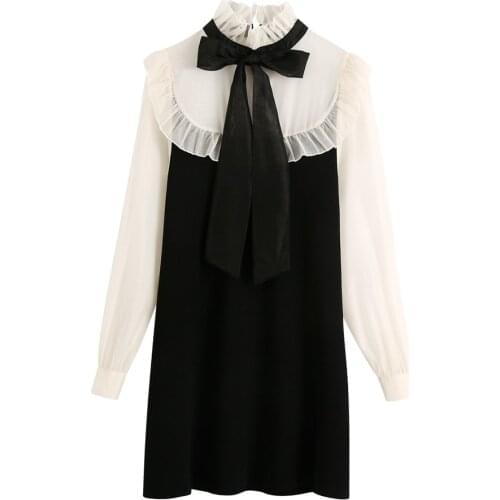 Long Sleeve Female Dresses Women 2021 Fashion with Tied Organza Patchwork Knitted Mini Dress Vintage High Collar