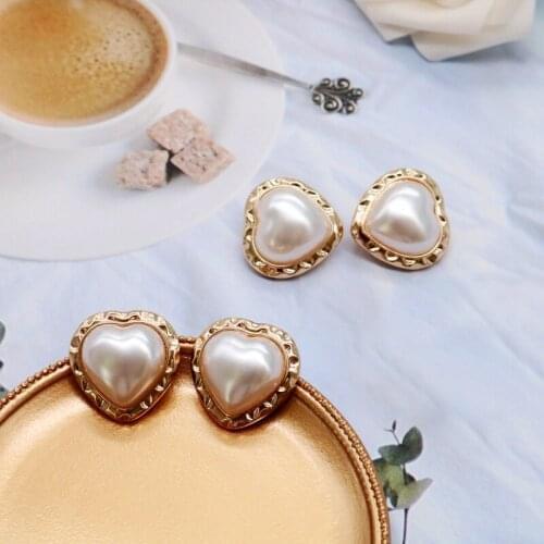 Heart Pearl Earrings Alloy Brincos Bridal Wedding Birthday Gift Hammered Alloy Lady Jewelry
