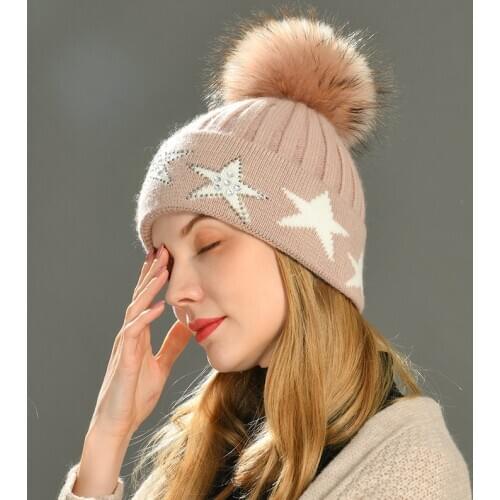 MAOMAOFUR Beanie Hat Women Winter Knitted Autumn Fur Hat Unisex Ladies Warm Bonnet Cap with Rhinestones Star Real Raccoon Pom