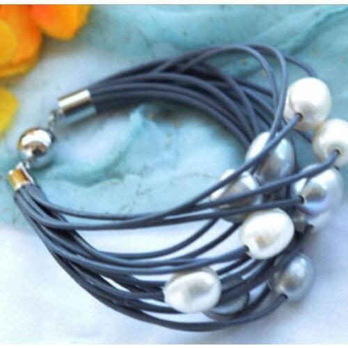Trendy and fashion 15row 8" 13mm white rice pearl black leather bracelet