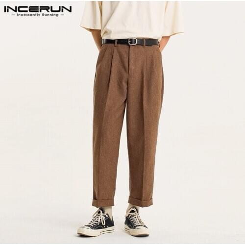 Man Casual Zipper Loose Bottoms Streetwear INCERUN Men Leisure Straight Baggy Pants Vintage Solid Color Straight Trousers S-5XL