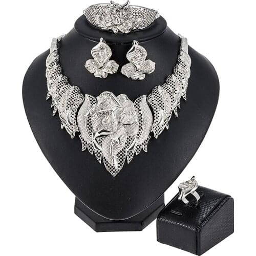 NEW Nigeria Party Fashion Silver Jewelry Sets Necklace Bracelet Earrings Ring All-match Jewelry Dubai Bridal Wedding Accessories