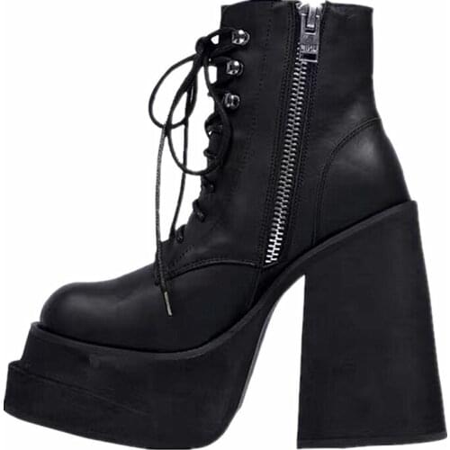 Platform Boots European American Womens Ankle Boots Gothic Round Toe Zipper Womens Shoes High Thick Heel Leather Chunky Boots