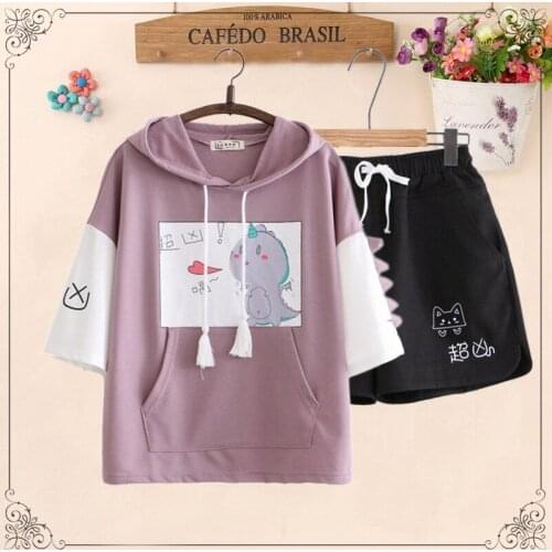 Biscuit Bear Sweet Women Set Summer Kawaii Dinosaur Hooded Short SleeveT-shirt Cat Shorts Girl Student 2 Pcs Suit Teens Outfit