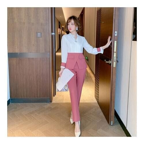 High Quality Designer Autumn Suit Women Pants 2 Piece Set Elegant Office Lady Outfits Hit Color Blouse and Pants Fashion Sets