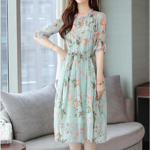 Short Sleeve Print large size womens dress 2020 new summer O Neck very fairy cover belly was thin over knee Dress