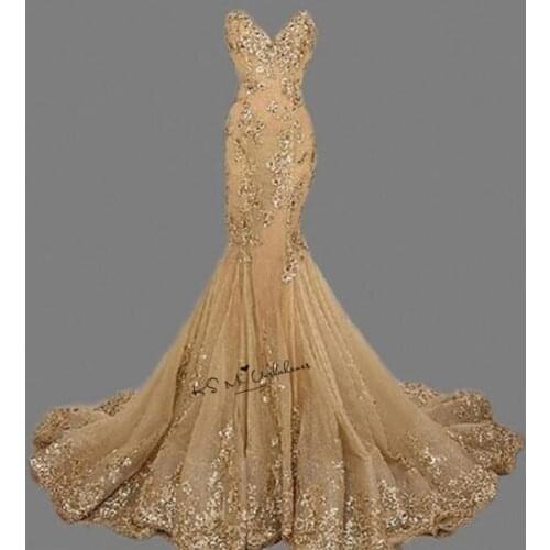 Turkey Gold Evening Dresses Long Women Sequined Applique Crystals Lace up Back Mermaid Elegant Prom Dress Robe de Soiree 2018