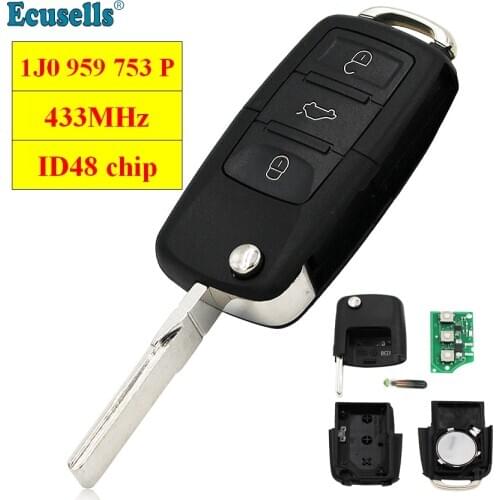 3 BUTTON FULL REMOTE KEY 433MHz with ID48 Chip for SKODA Octavia/Superb/Fabia 2001-2004 1J0 959 753 P 1J0959753P