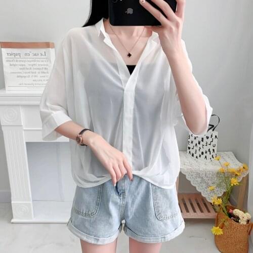 #8242 Summer Chiffon Blouse Women Short Sleeves Sexy See Through Blouse Femme Loose V Neck Transparent Tops Womens Lapel Collar