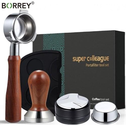 BORREY 5Pcs Coffee Tools Wooded Handle Bottomless Portafilter Stainless Steel Coffee Tamper Silicone Tamper Holder Coffee Maker