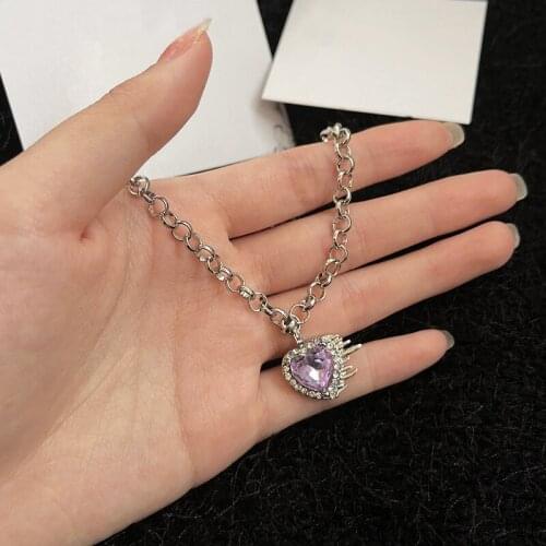 Exquisite Purple Crystal Heart-shaped Necklace Punk Hip Hop Silver Color Chain Pendant Accessories Creative Women Party Jewelry