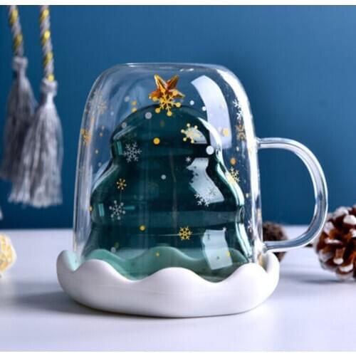 300ml Double-layer Glass Cup Christmas Tree Snowflake Star Insulation Anti-scalding Star Wishing Cup Home Breakfast Cup Milk Cup
