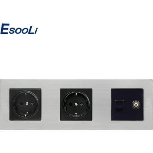 Esooli Stainless Steel Panel Double Wall Socket 16A EU Power Outlet + Female TV Jack with RJ45 CAT5E Internet Port Silver