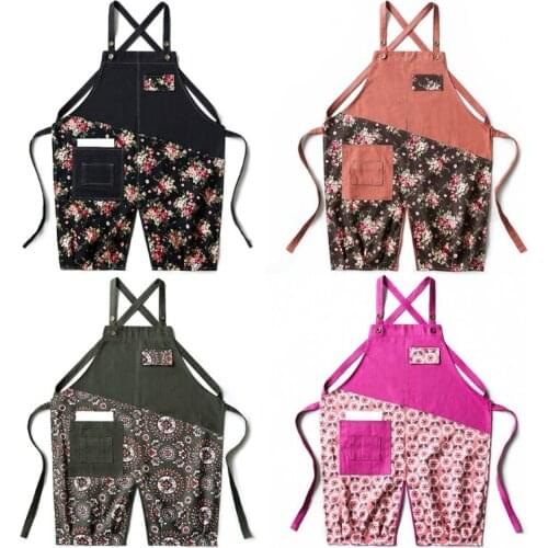 Floral Stitching Canvas Apron Cross Back Adjustable Chef Apron Multi-pocket Sleeveless Adjustable Strap Large Pockets