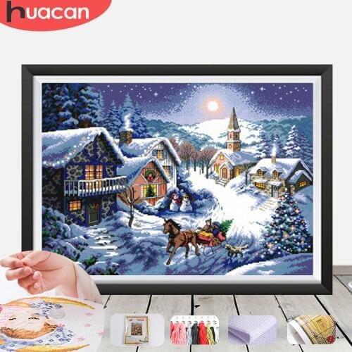 HUACAN Cross Stitch Embroidery Snow Scenery Needlework Sets For Full Kits White Canvas DIY Winter Home Decor 14CT