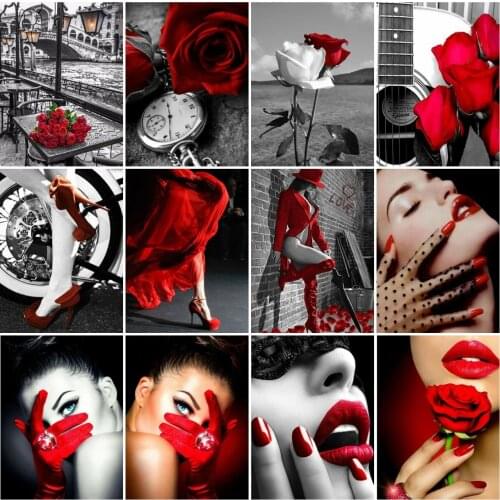 AZQSD Full Square Diamond Embroidery Woman Black And Red Diamond Painting Portrait Cross Stitch Rhinestone Mosaic Home Decor