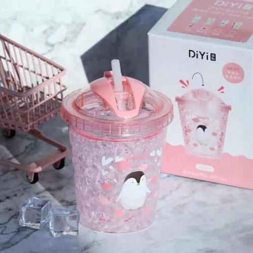 Creative Cute Pink Fruit Ice Cup Double Wall Plastic Straw Cups Summer Drinking Water Bottle Cartoon Coffee Juice Milk Mug