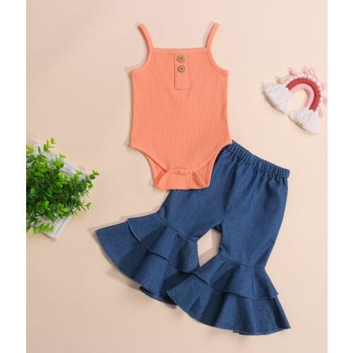 0-18M 2pcs Summer Baby Girls Clothes Sets Solid Sleeveless Strap Romper Tops Ruffles Denim Flare Pants