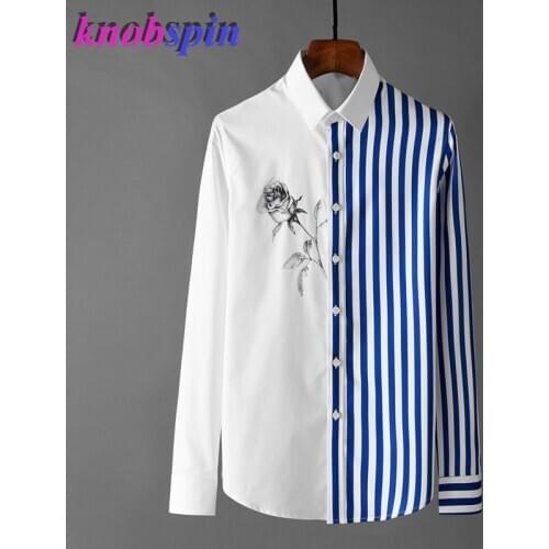 Fashion Striped Men Shirt Luxury Long Sleeve Rose Printed Casual Male dress Shirts Plus Size 4XL Slim Party Man Shirts