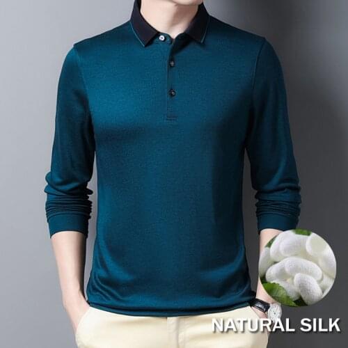 Mens natural breathable silk Lapel long sleeve warm shirt