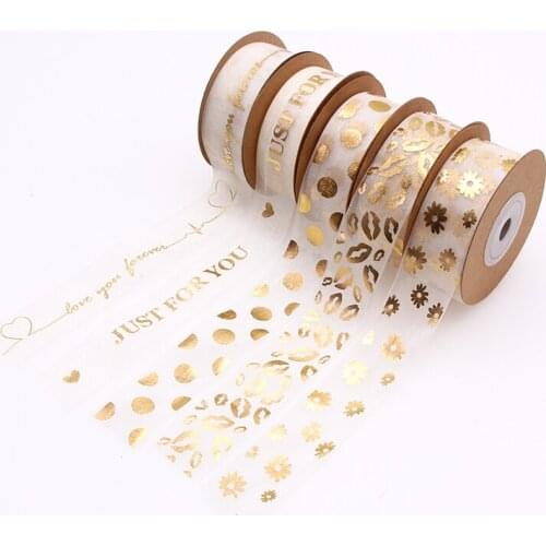 25MM 10Meters Organdy Organza DIY Ribbon Printed Gold New Design For Gift Flower Packing Wrapping Wedding Home Decoration