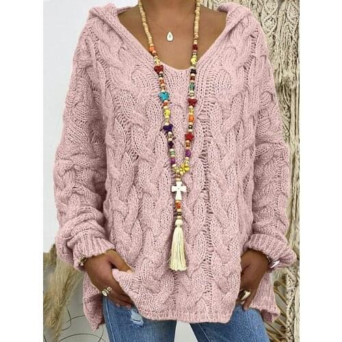Autumn women hooded sweater casual loose long knitted pullover wide rope England style v-neck sweater tops oversized sweater