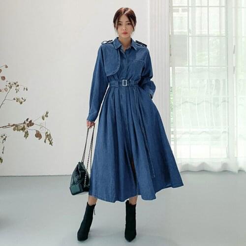 2021 Vintage Dress Chic Maxi Long Denim Dress Autumn Winter Single-breasted Belted Female Jeans Dress Loose Vestidos