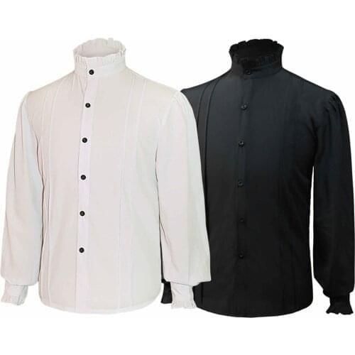Long Sleeve Shirt Men Winter Vintage Solid Blouse Ruffles Button High Collar Top Blouse Punk Steam Shirt Uniform Knight