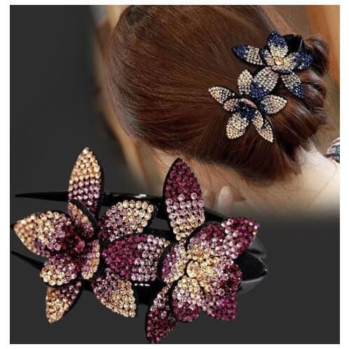 Rhinestone Double Flower Hair Clip Hair Crystal Hair Combs Female Elegant Beads Hairgrip Handmade Fashion Hair Accessories