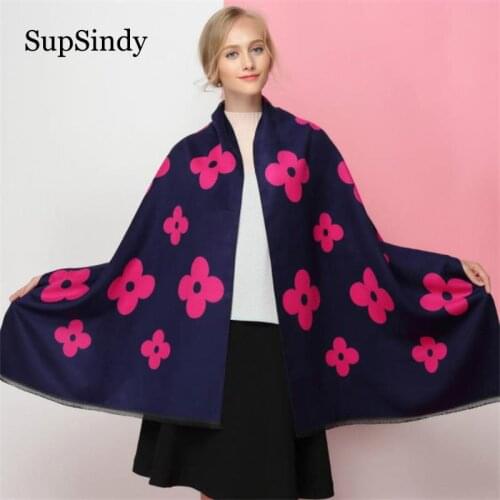 SupSindy Winter scarf Thick soft warm Cashmere wool scarf for women luxury brand fashion Four-leaf clover Flowers Shawl Scarves