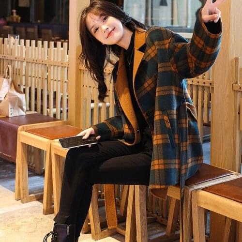 Fine Woolen Coat Womens Plaid Loose Fashion Waist Slim Coat