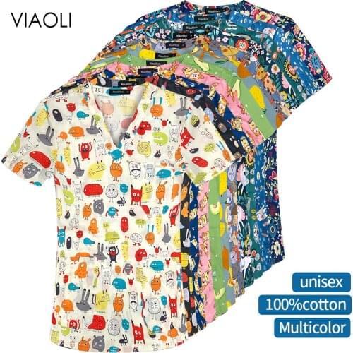 Unisex Beauty Salon Scrubs Uniforms Women Cartoon Print Hospital Medical Nurse Uniform Fashion Dental Clinic Surgical Tops Women