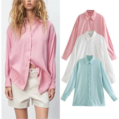 ZA Women Blouse Shirts 2021 Summer Single Breasted Casual Soft Tops Candy 3 Color Long Sleeve Pocket Female Loose Streetwear